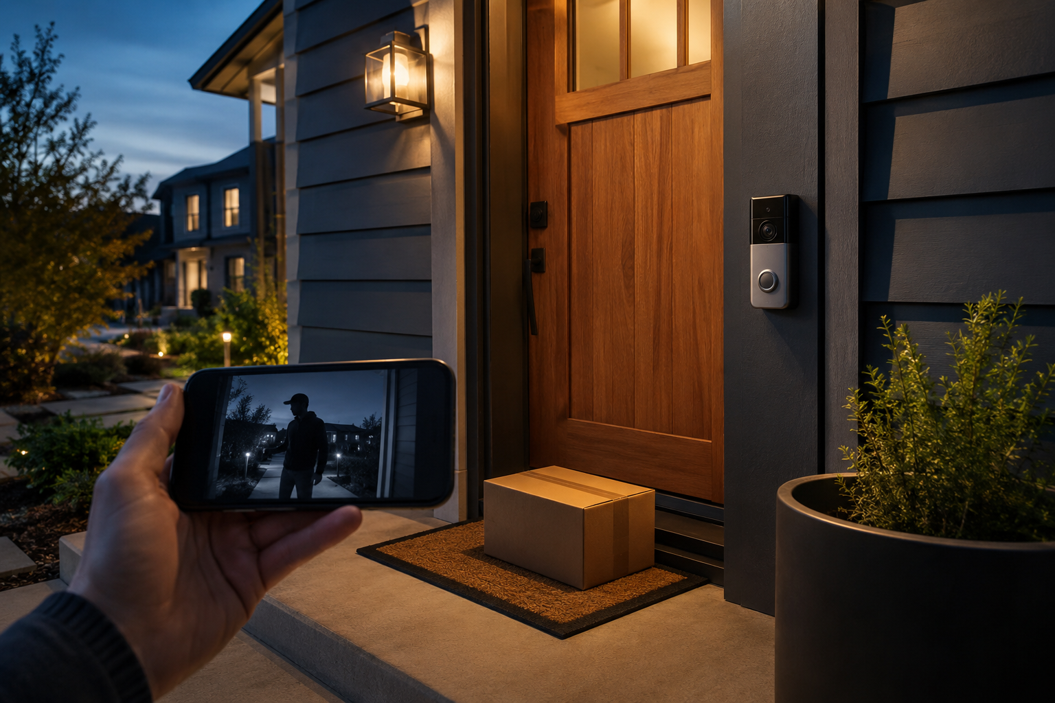 A video doorbell monitoring a home's front entrance at dusk