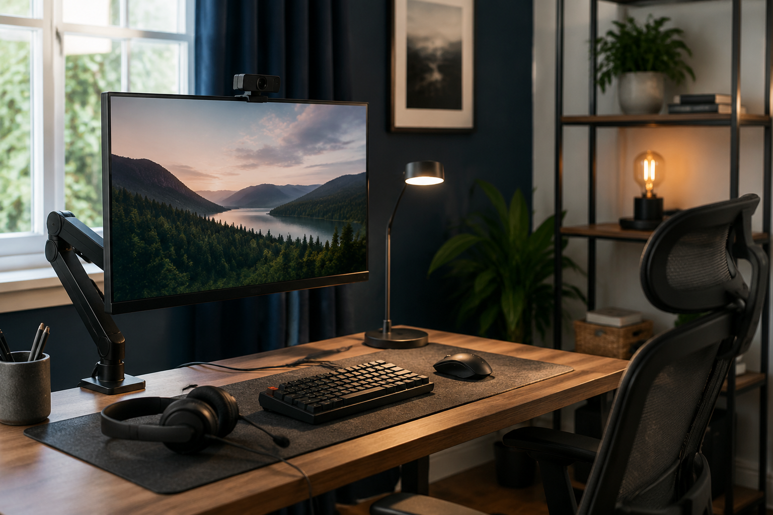 A tidy home office with an adjustable monitor arm, webcam, task light, keyboard, headset, and ergonomic chair