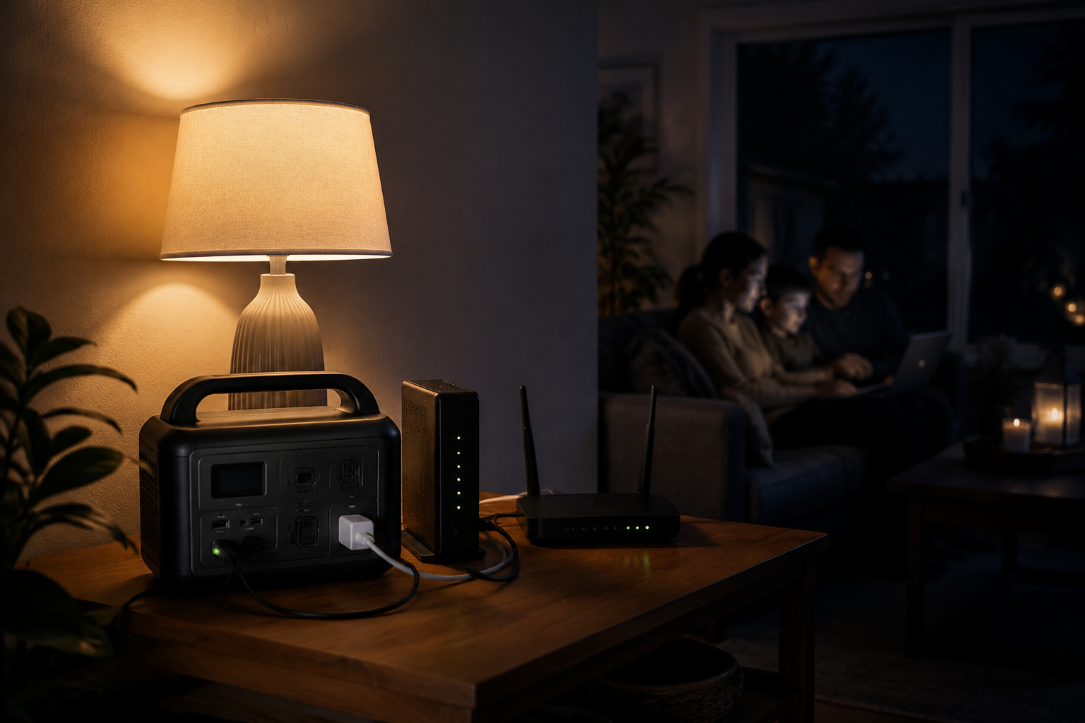 A portable power station keeping a modem and Wi-Fi router online during an outage